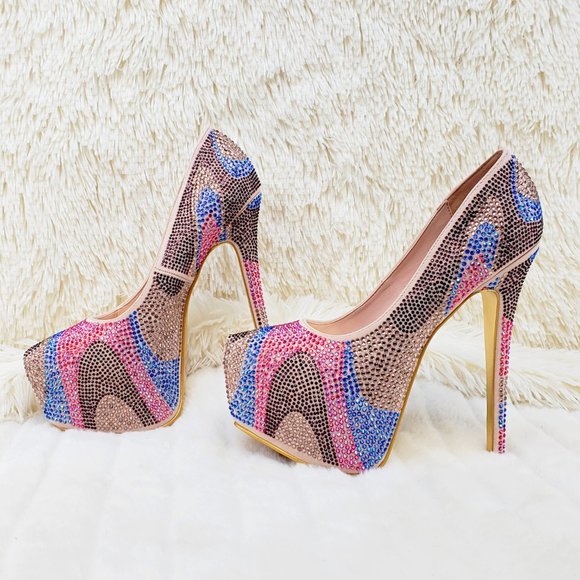 Alba Shoes - Nude Multi Rhinestone High Heel Platform Pumps